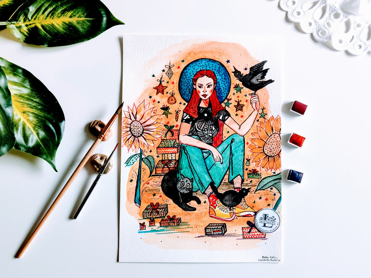 Whimsical Girl With Sunflower | Original Gouache painting | Size- A4 Size | 8x10 inch