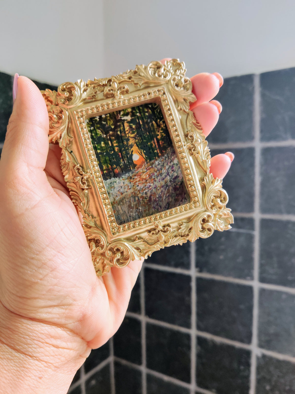 miniature oil painting antique gold vintage landscape 