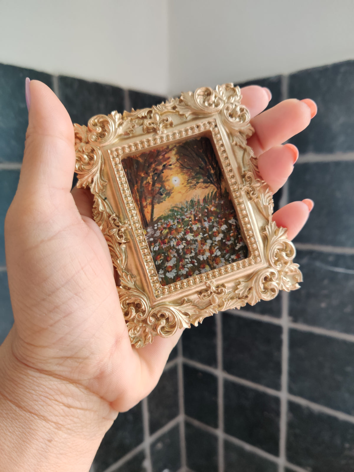 miniature oil painting antique gold vintage landscape  chamomile  country meadow 