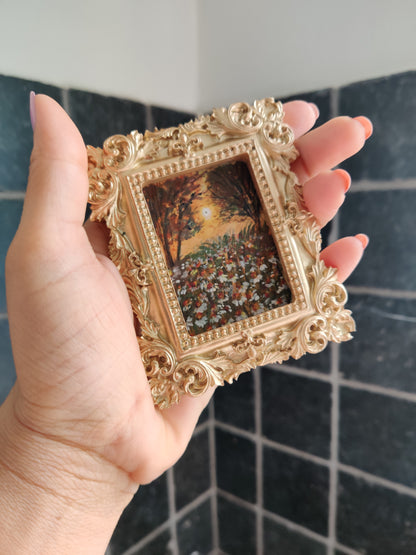 miniature oil painting antique gold vintage landscape  chamomile  country meadow 