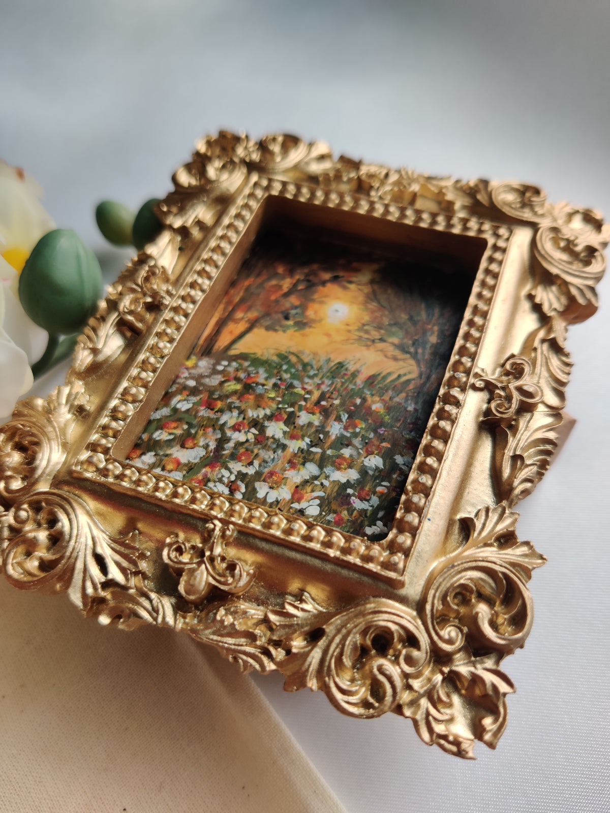 miniature oil painting antique gold vintage landscape  chamomile  country meadow 