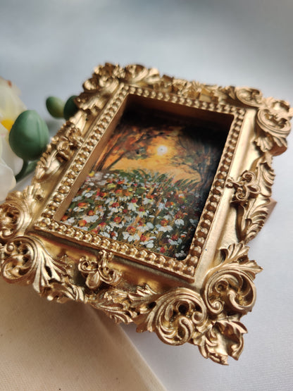 miniature oil painting antique gold vintage landscape  chamomile  country meadow 