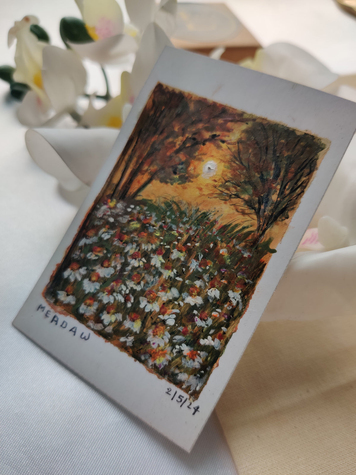 miniature oil painting antique gold vintage landscape  chamomile  country meadow 