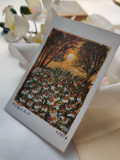 miniature oil painting antique gold vintage landscape  chamomile  country meadow 
