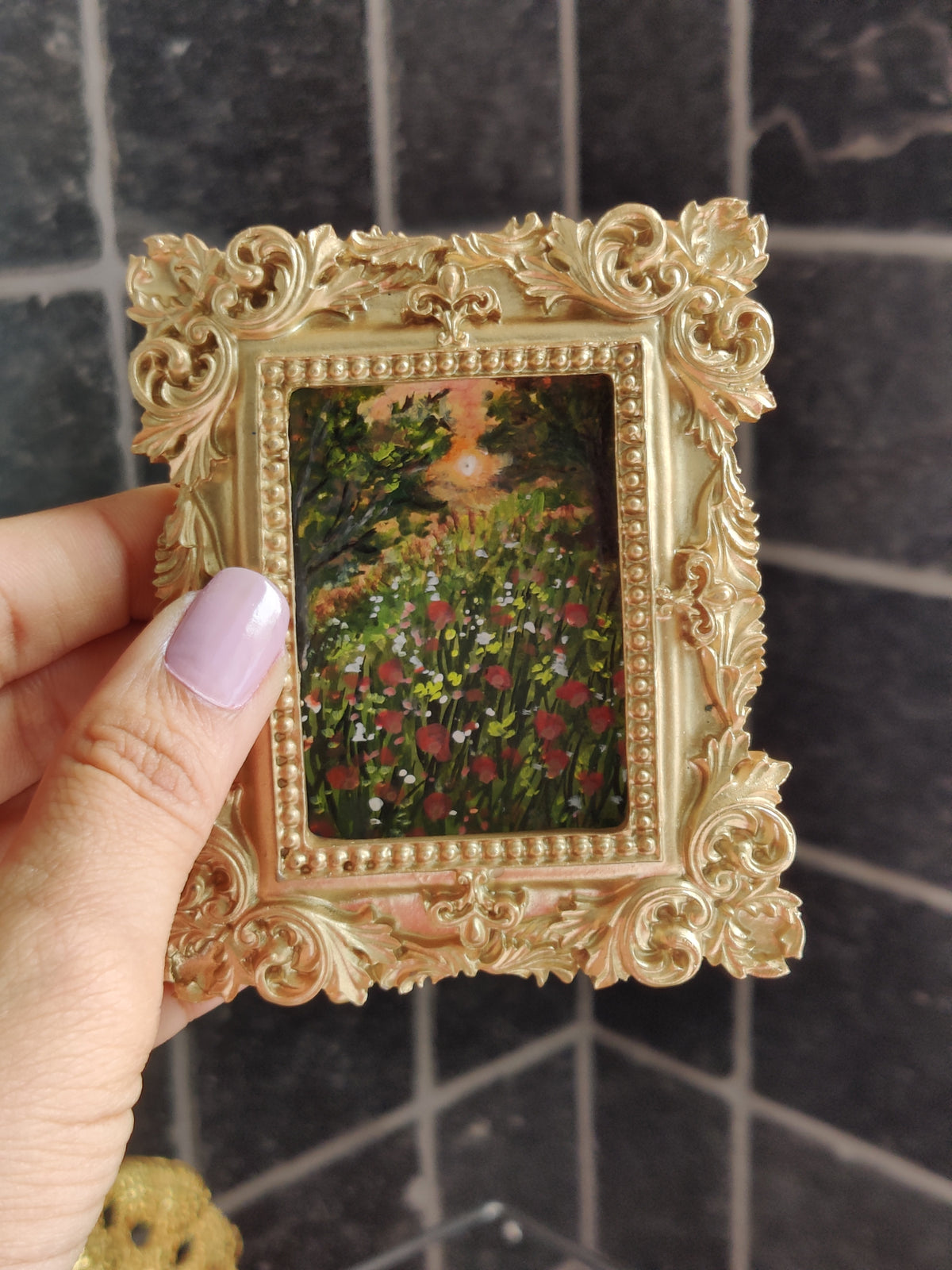 et of 3 original landscapes, capture a luminous scene of a country meadow with impressionistic trees swooping down. A dreamy summer evening in the romantic garden, where the warm glow of the setting sun bathes everything in golden light.

• Original Miniature Art in Antique gold frame

• Free Shipping with tracking number

• measures 8.4cm x 10cm

• Artwork signed on the back

• hook/wire attached on the back   

Perfect for adding charm to any small interiors or creating your own gallery wall.

All photos 