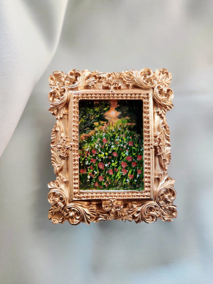 et of 3 original landscapes, capture a luminous scene of a country meadow with impressionistic trees swooping down. A dreamy summer evening in the romantic garden, where the warm glow of the setting sun bathes everything in golden light.

• Original Miniature Art in Antique gold frame

• Free Shipping with tracking number

• measures 8.4cm x 10cm

• Artwork signed on the back

• hook/wire attached on the back   

Perfect for adding charm to any small interiors or creating your own gallery wall.

All photos 
