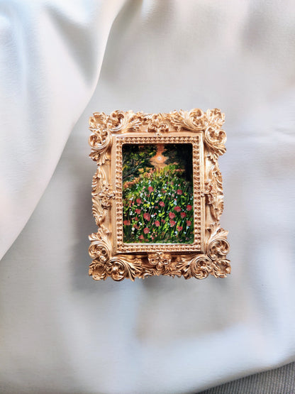 miniature oil painting et of 3 original landscapes, capture a luminous scene of a country meadow with impressionistic trees swooping down. A dreamy summer evening in the romantic garden, where the warm glow of the setting sun bathes everything in golden light.

• Original Miniature Art in Antique gold frame

• Free Shipping with tracking number

• measures 8.4cm x 10cm

• Artwork signed on the back

• hook/wire attached on the back   

Perfect for adding charm to any small interiors or creating your own gal