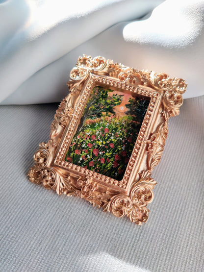 miniature oil painting antique gold vintage landscape  chamomile  country meadow sunset painting summer evening dollhouse art gallery wall