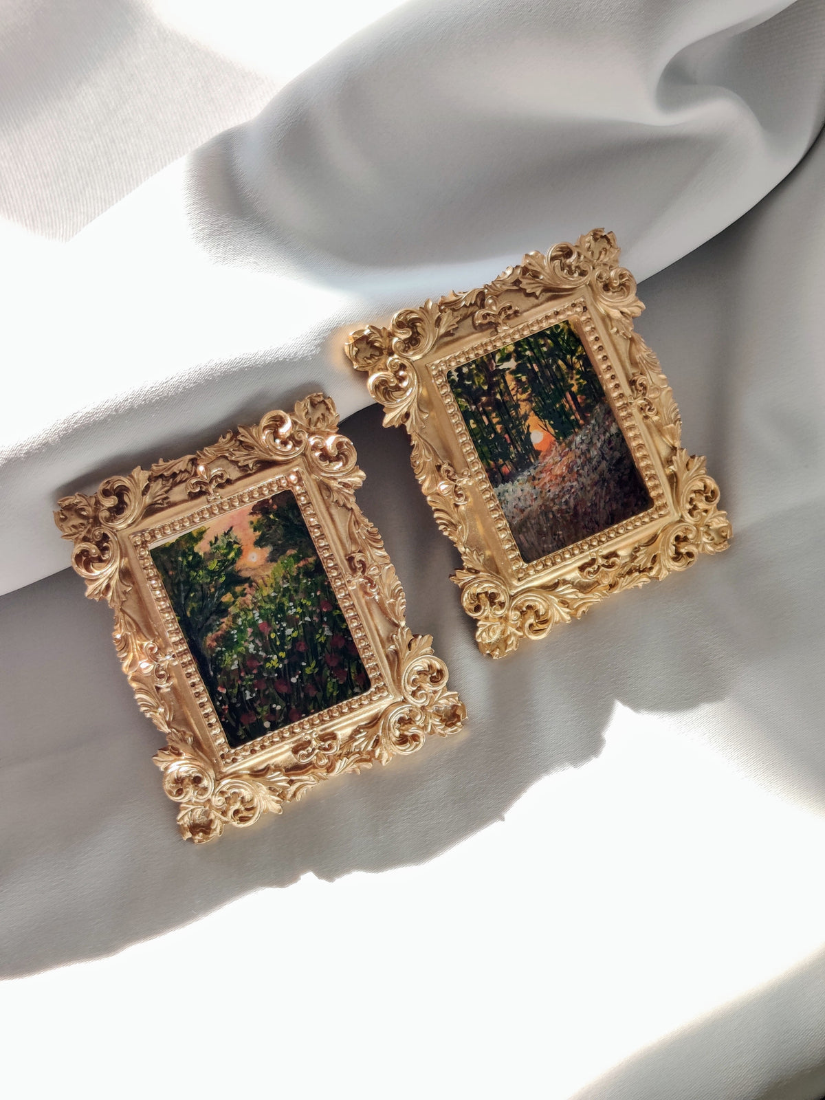 miniature oil painting antique gold vintage landscape  chamomile  country meadow sunset painting summer evening dollhouse art gallery wall