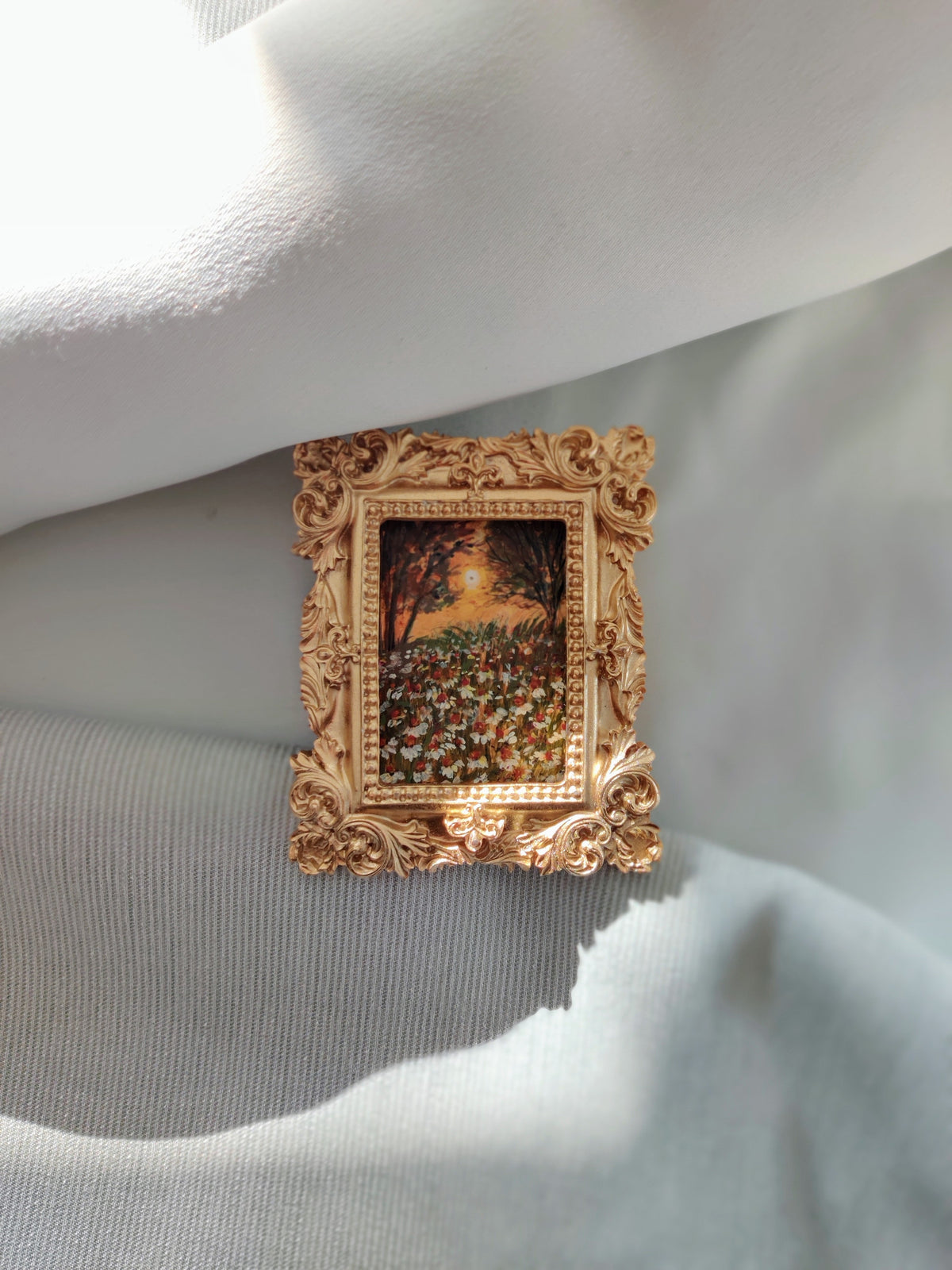 miniature oil painting antique gold vintage landscape  chamomile  country meadow 