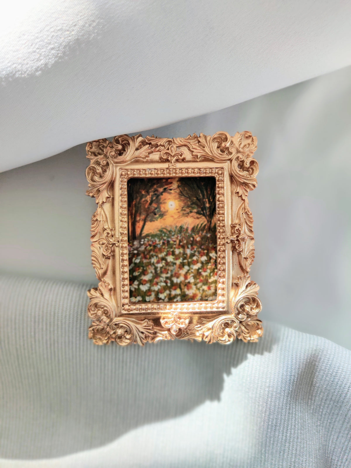 miniature oil painting antique gold vintage landscape  chamomile  country meadow 