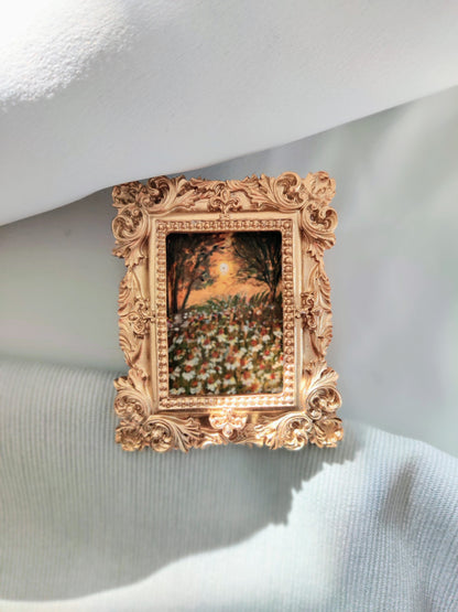miniature oil painting antique gold vintage landscape  chamomile  country meadow 