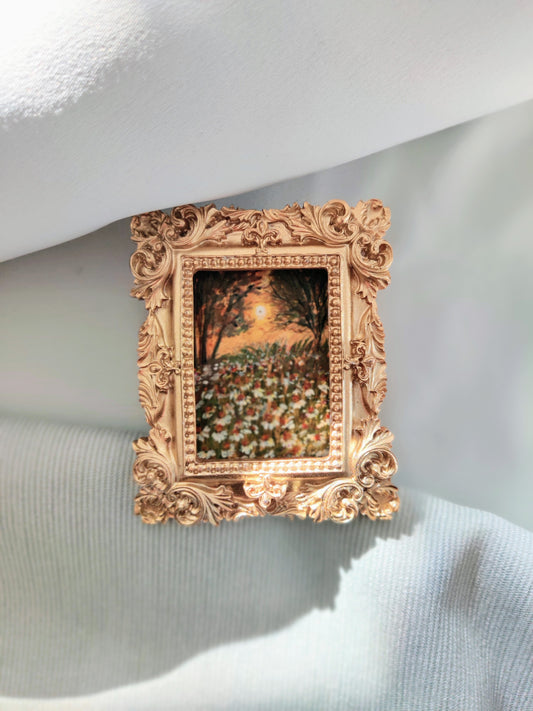miniature oil painting antique gold vintage landscape  chamomile  country meadow 