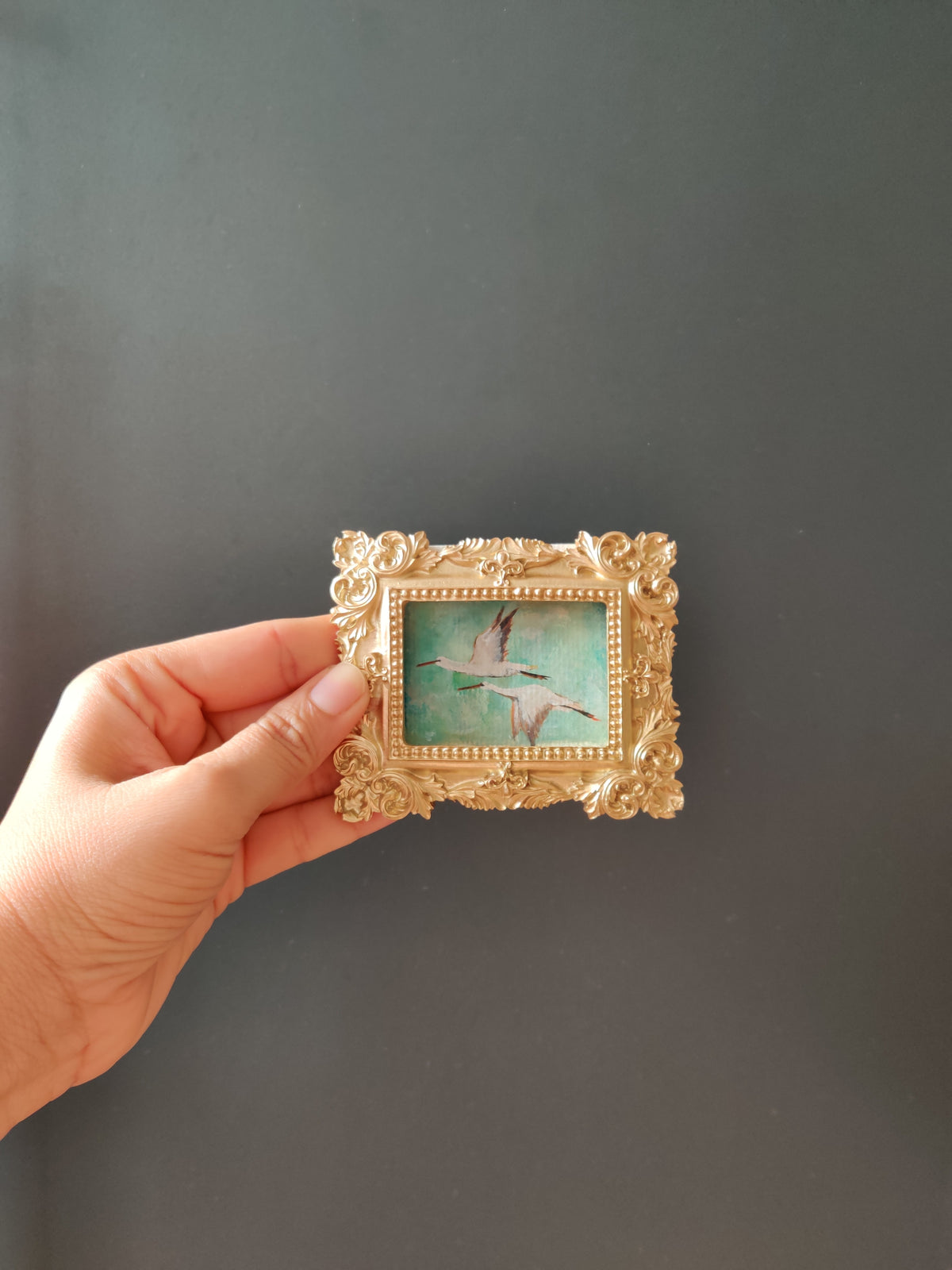 Flying storks at mid day light | Framed Original