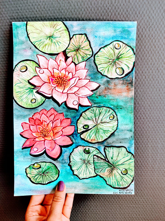 Blooming Lotus Flowers | Original Watercolor Painting | size- A4 | 8x10 inch