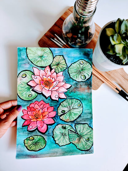 Blooming Lotus Flowers | Original Watercolor Painting | size- A4 | 8x10 inch