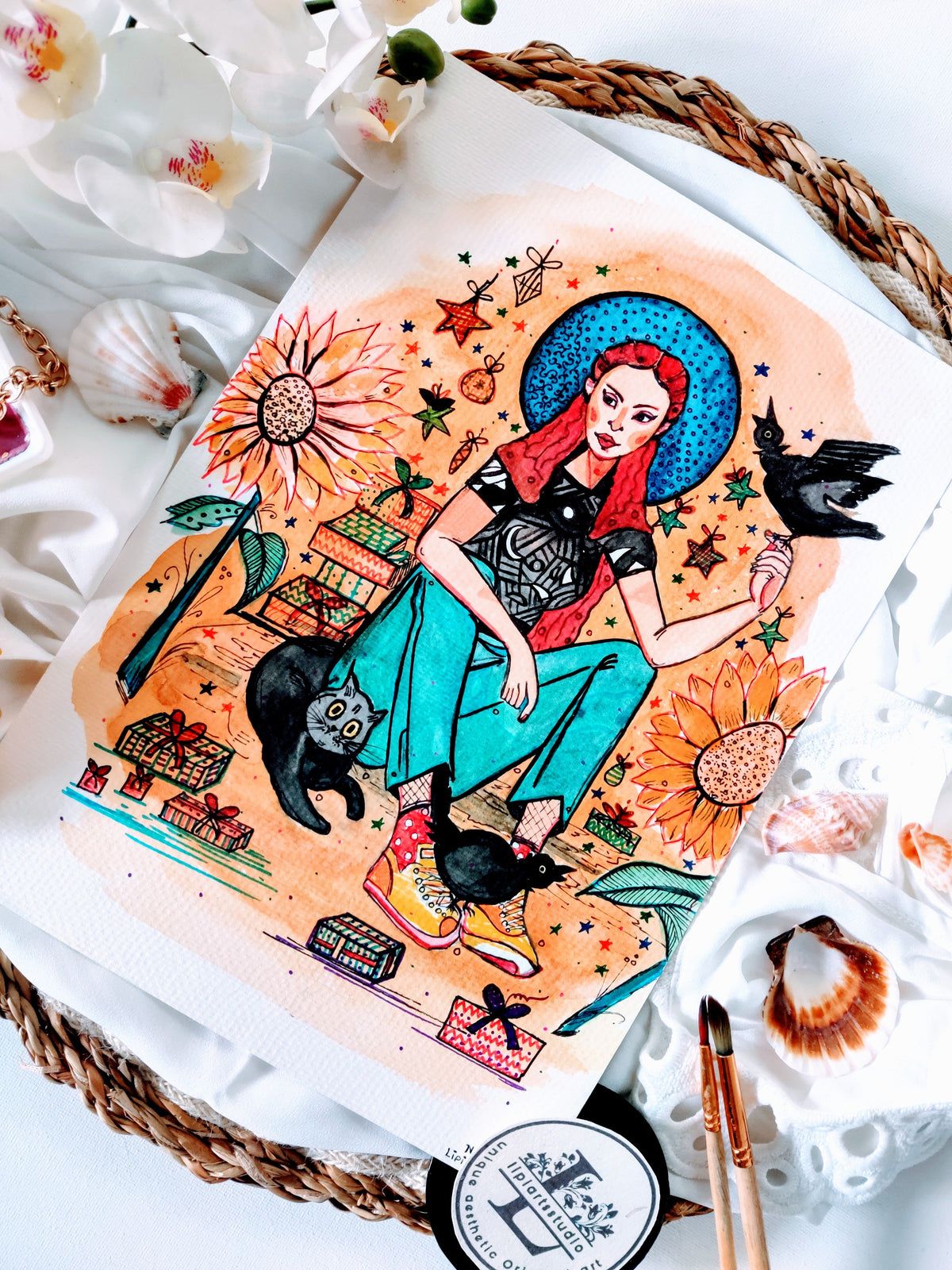 Whimsical Girl With Sunflower | Original Gouache painting | Size- A4 Size | 8x10 inch