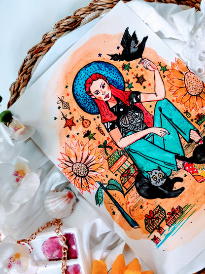 Whimsical Girl With Sunflower | Original Gouache painting | Size- A4 Size | 8x10 inch