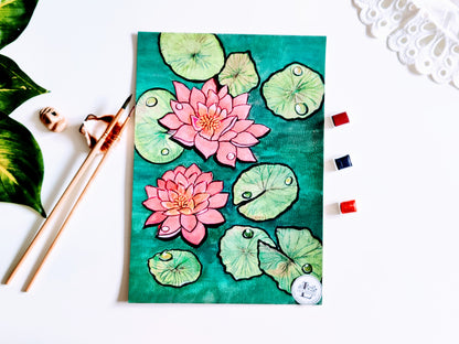 Blooming Lotus Flowers | Original Watercolor Painting | size- A4 | 8x10 inch