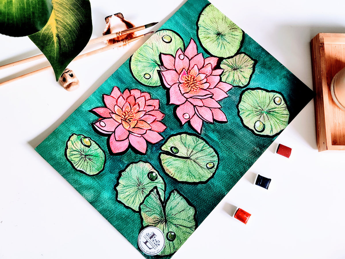 Blooming Lotus Flowers | Original Watercolor Painting | size- A4 | 8x10 inch