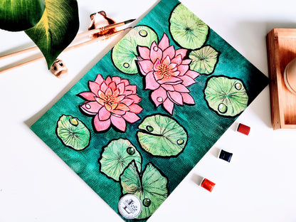 Blooming Lotus Flowers | Original Watercolor Painting | size- A4 | 8x10 inch