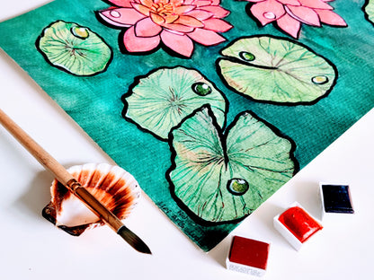 Blooming Lotus Flowers | Original Watercolor Painting | size- A4 | 8x10 inch