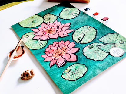 Blooming Lotus Flowers | Original Watercolor Painting | size- A4 | 8x10 inch