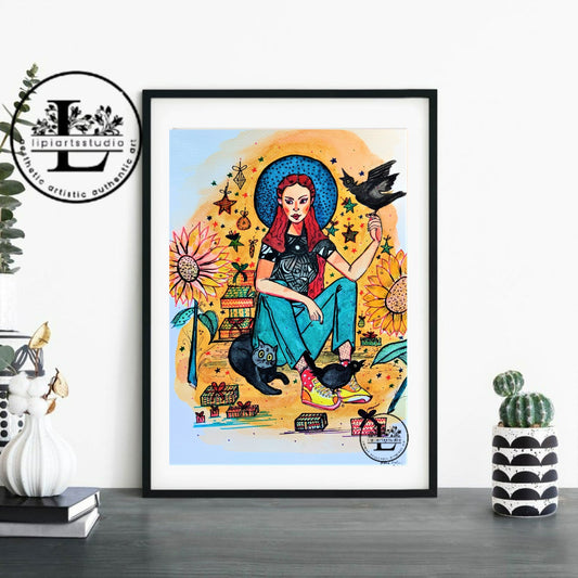 Whimsical Girl With Sunflower | Original Gouache painting | Size- A4 Size | 8x10 inch