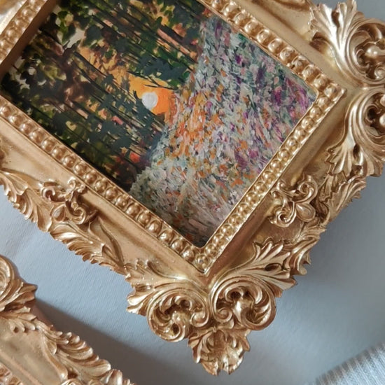 miniature oil painting antique gold vintage landscape  chamomile  country meadow sunset painting summer evening dollhouse art gallery wall