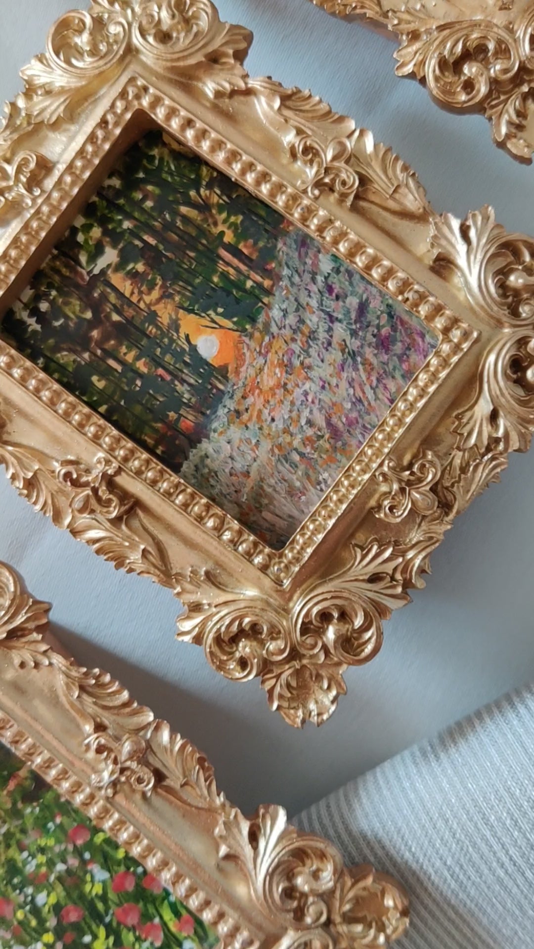 miniature oil painting antique gold vintage landscape  chamomile  country meadow sunset painting summer evening dollhouse art gallery wall
