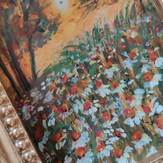 miniature oil painting antique gold vintage landscape  chamomile  country meadow sunset painting summer evening dollhouse art gallery wall