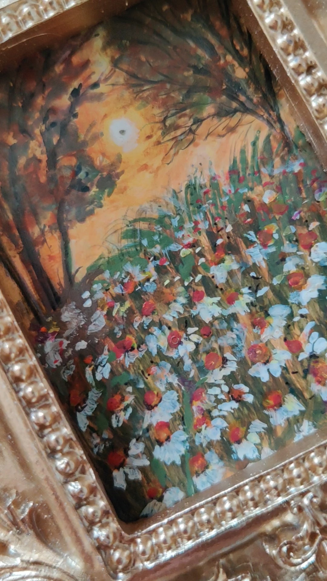 miniature oil painting antique gold vintage landscape  chamomile  country meadow sunset painting summer evening dollhouse art gallery wall