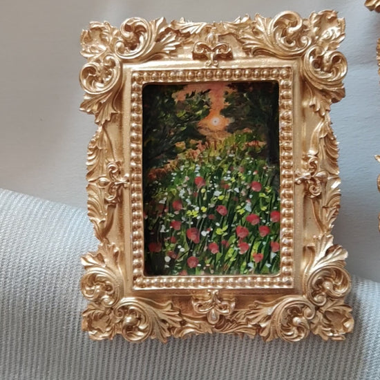 et of 3 original landscapes, capture a luminous scene of a country meadow with impressionistic trees swooping down. A dreamy summer evening in the romantic garden, where the warm glow of the setting sun bathes everything in golden light.

• Original Miniature Art in Antique gold frame

• Free Shipping with tracking number

• measures 8.4cm x 10cm

• Artwork signed on the back

• hook/wire attached on the back   

Perfect for adding charm to any small interiors or creating your own gallery wall.

All photos 