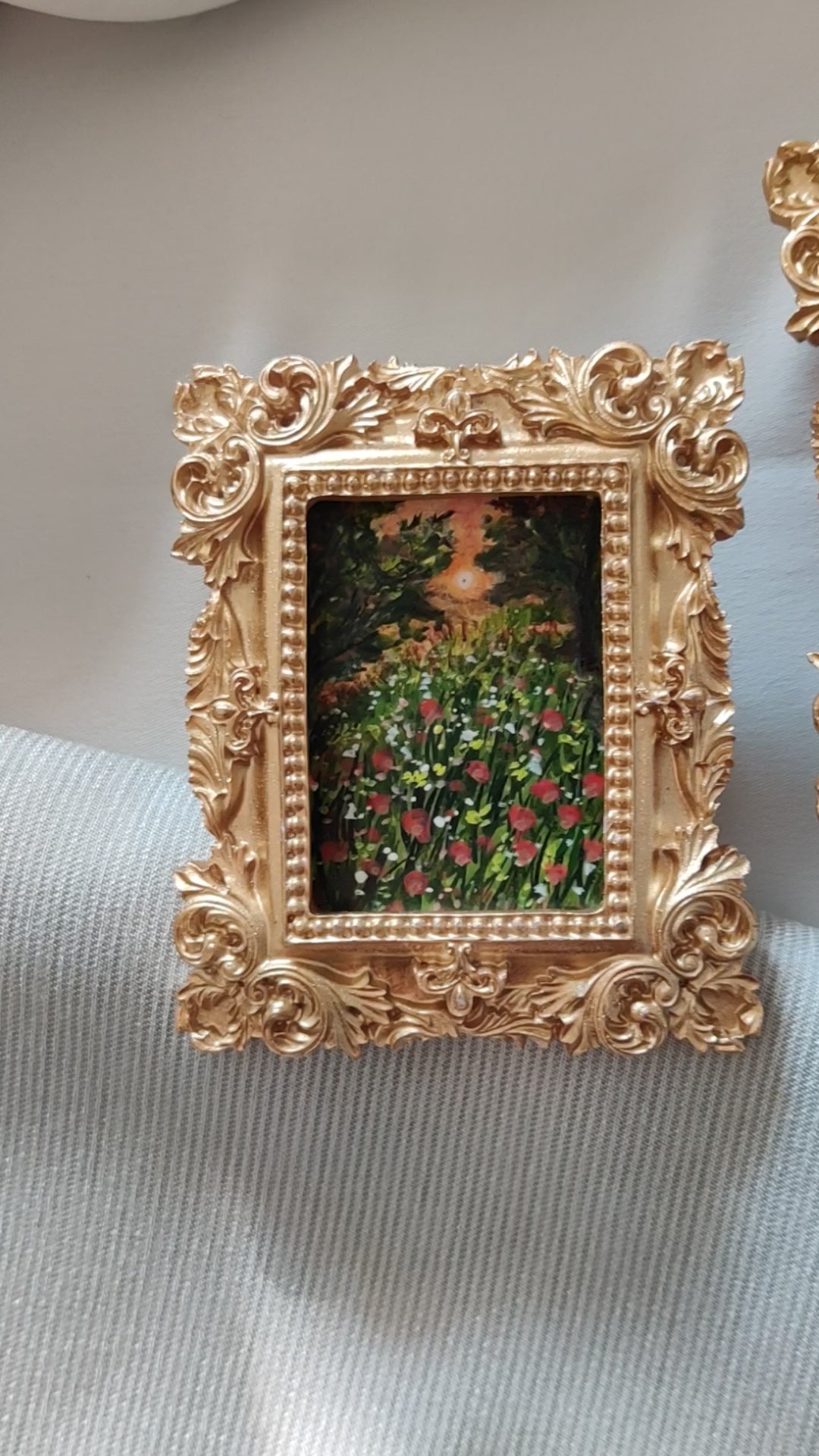 et of 3 original landscapes, capture a luminous scene of a country meadow with impressionistic trees swooping down. A dreamy summer evening in the romantic garden, where the warm glow of the setting sun bathes everything in golden light.

• Original Miniature Art in Antique gold frame

• Free Shipping with tracking number

• measures 8.4cm x 10cm

• Artwork signed on the back

• hook/wire attached on the back   

Perfect for adding charm to any small interiors or creating your own gallery wall.

All photos 