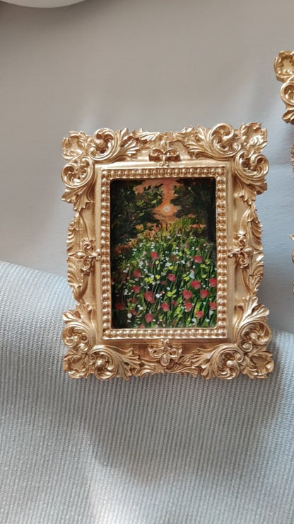 et of 3 original landscapes, capture a luminous scene of a country meadow with impressionistic trees swooping down. A dreamy summer evening in the romantic garden, where the warm glow of the setting sun bathes everything in golden light.

• Original Miniature Art in Antique gold frame

• Free Shipping with tracking number

• measures 8.4cm x 10cm

• Artwork signed on the back

• hook/wire attached on the back   

Perfect for adding charm to any small interiors or creating your own gallery wall.

All photos 