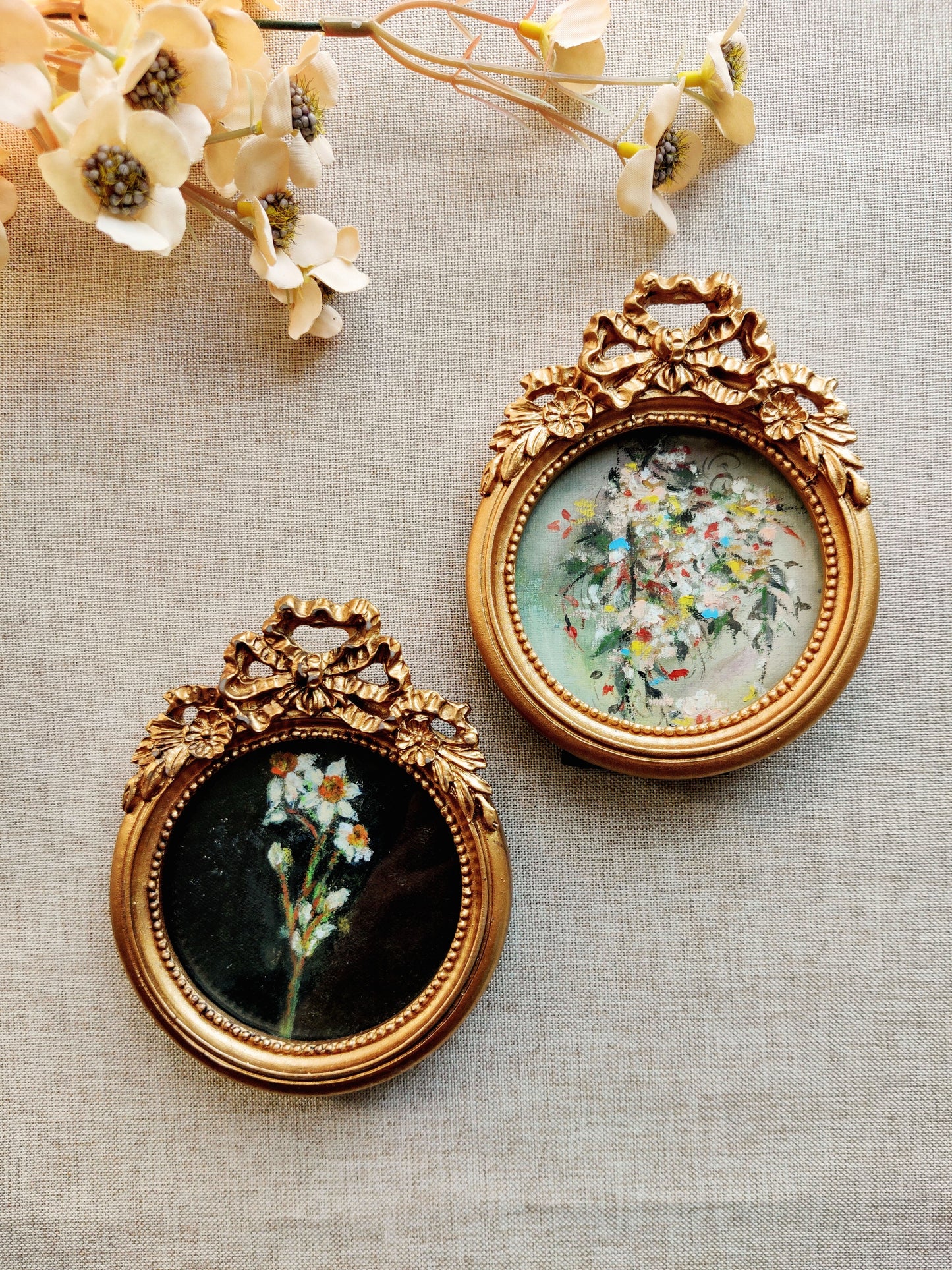 "Gilded Botanica – A Set of Two" | Framed Original Paintings