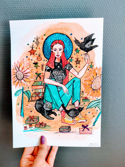 Girl With Sunflowers | Fine Art Print | size A5, A4, A3, A2