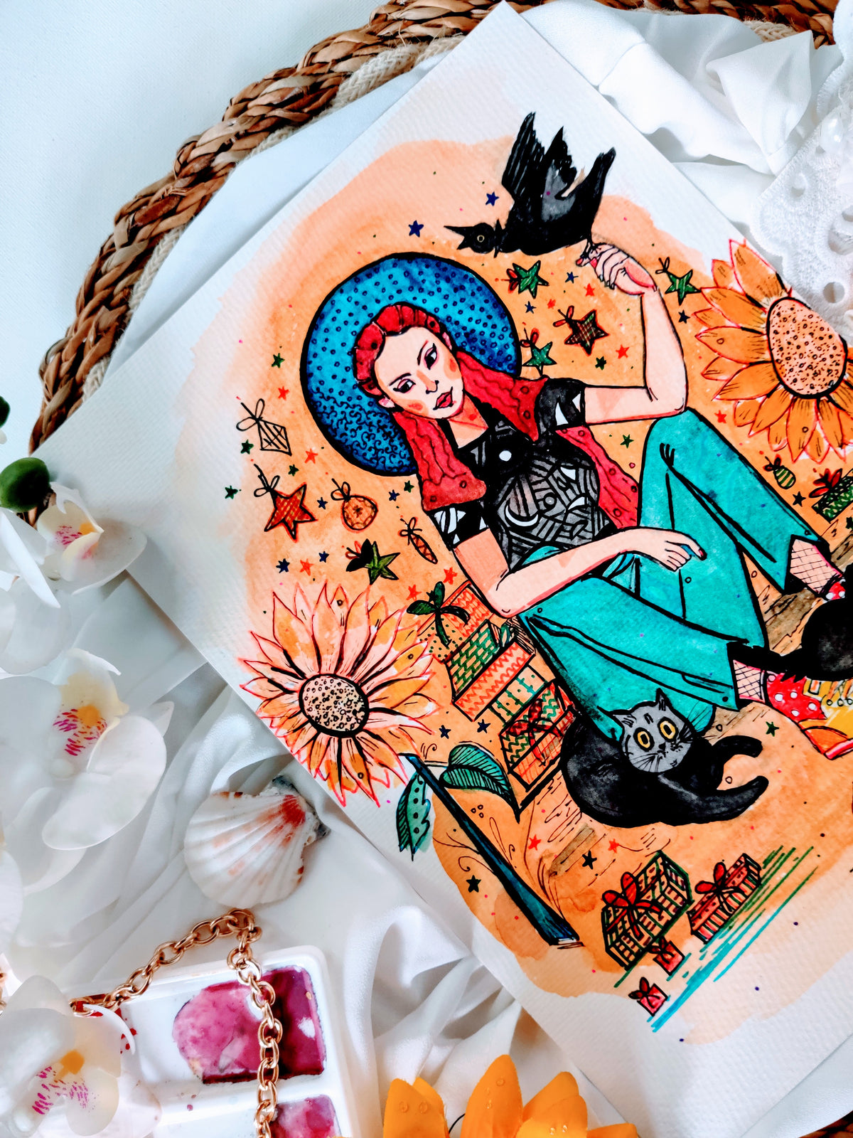 Girl With Sunflowers | Fine Art Print | size A5, A4, A3, A2