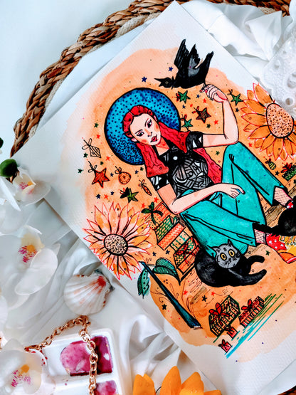 Girl With Sunflowers | Fine Art Print | size A5, A4, A3, A2