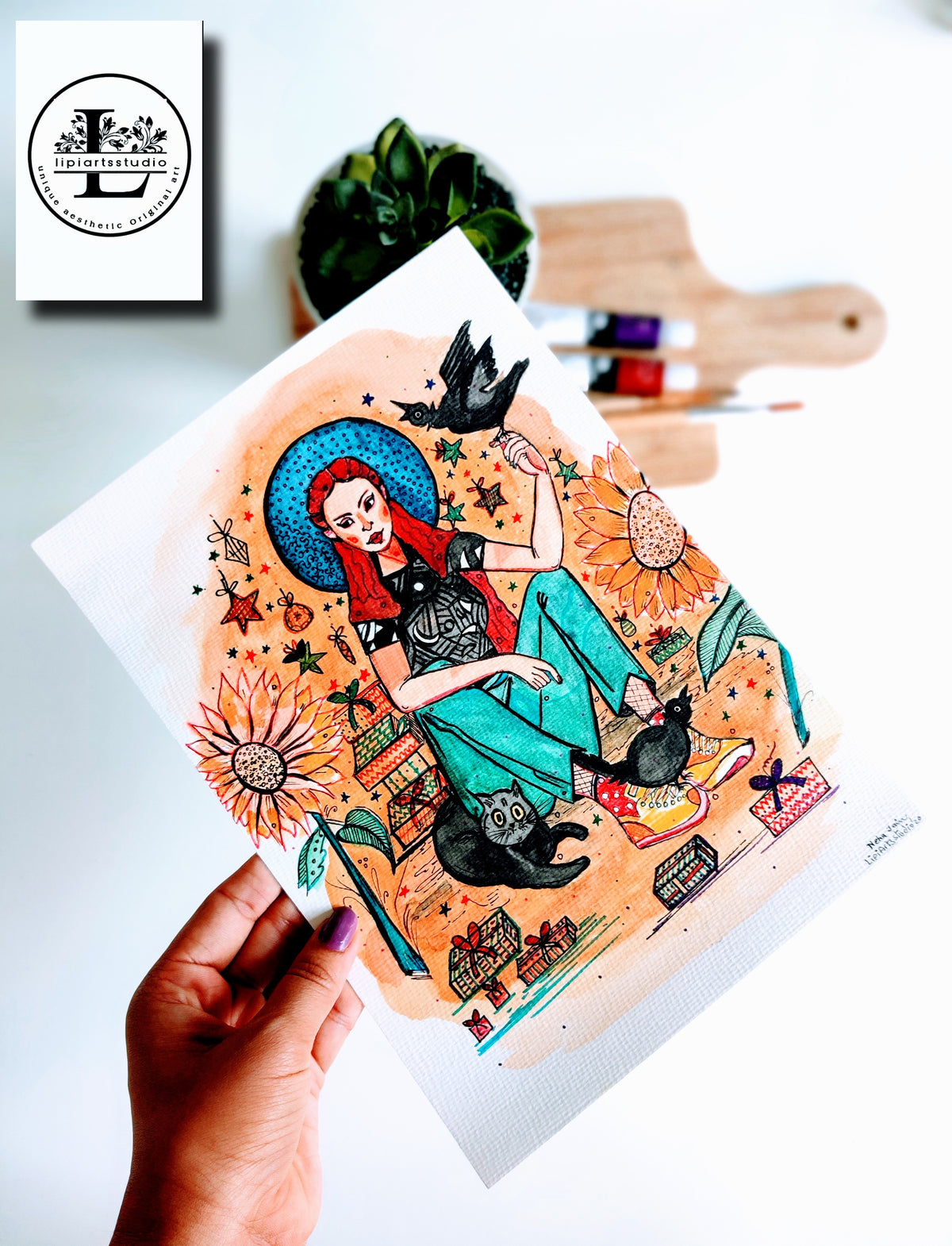 Girl With Sunflowers | Fine Art Print | size A5, A4, A3, A2