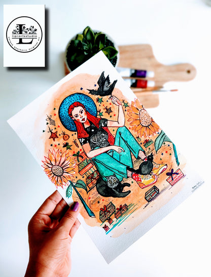 Girl With Sunflowers | Fine Art Print | size A5, A4, A3, A2